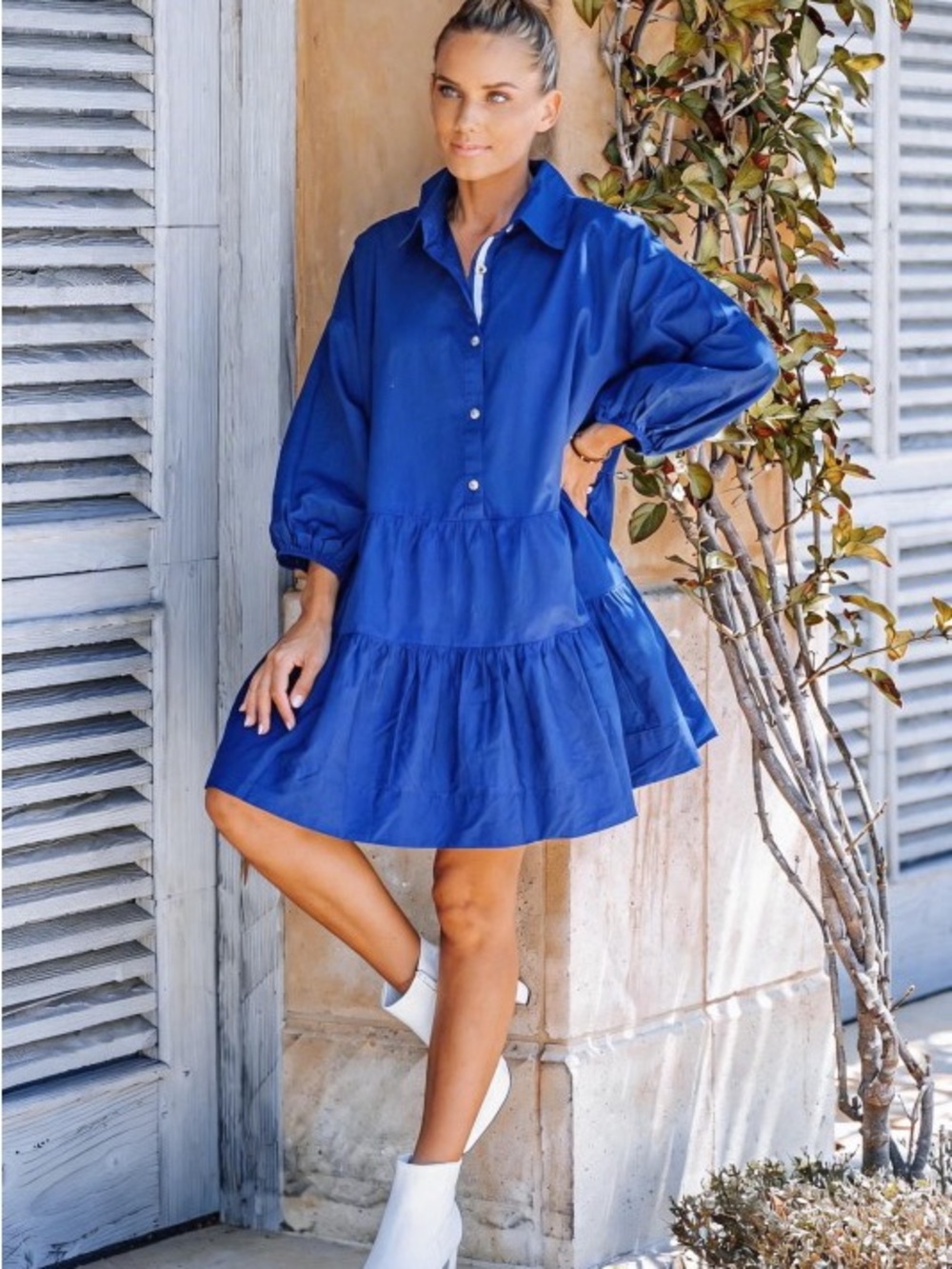 Women's Royal Blue Tiered Shirt Mini Dress with pockets